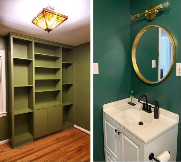 Custom green built-in shelving and bathroom vanity